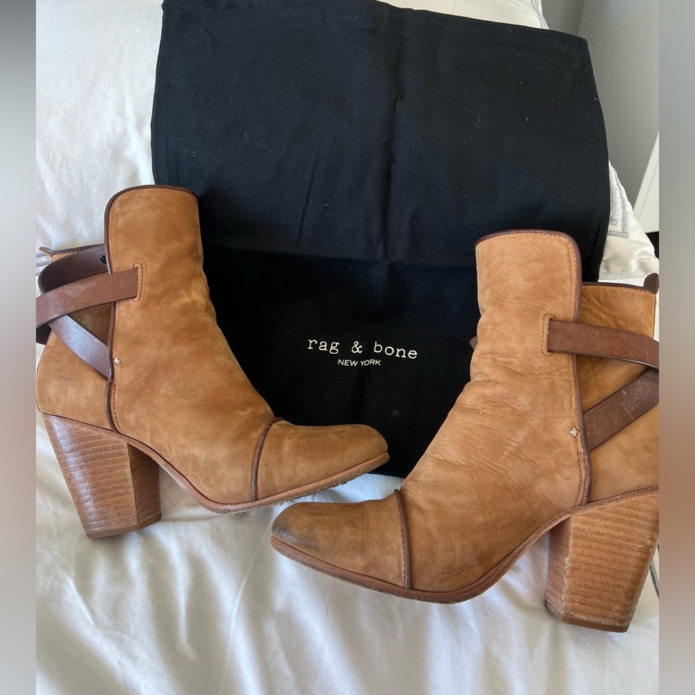 Rag & Bone Kinsey Leather Tan Suede Stacked Heel Ankle Boots – Size 39.5